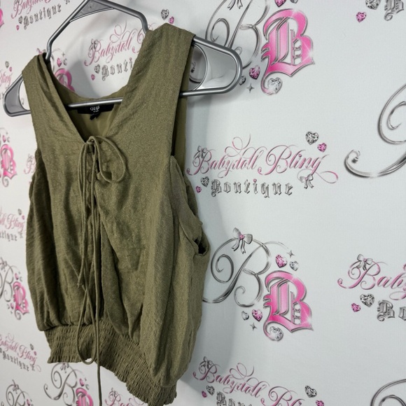 Guess tank top smocked details green grey cargo Khaki Lace-Up Women's Blouse - Picture 3 of 12